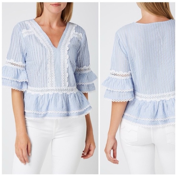 J. Crew Light Blue White Lace Tiered Peplum Silhouette Short Sleeve Top Large - Picture 9 of 10